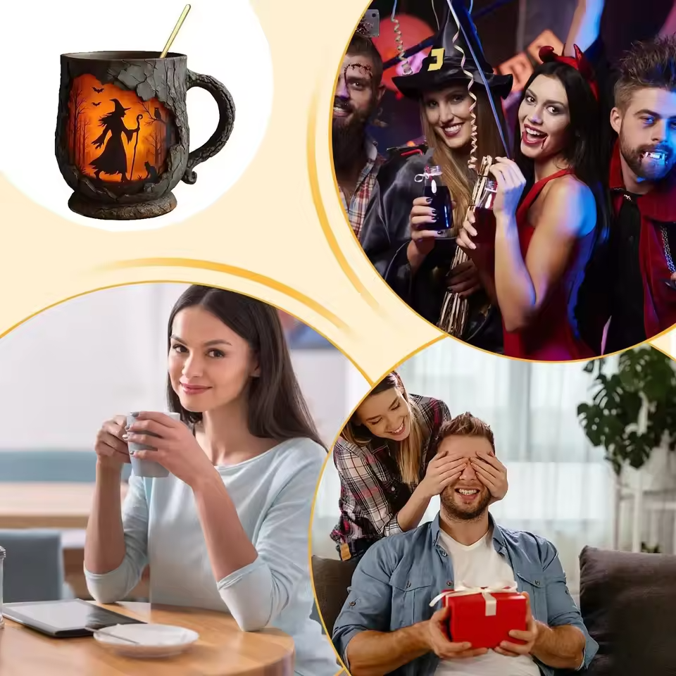 Artisan 3D Halloween Mug – Featuring Witch and Cat Design